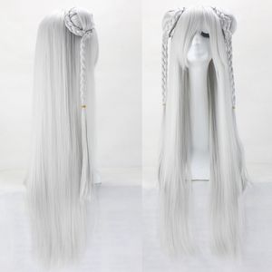 Sıcak Moda Cosplay Gümüş Bun Head Gri Beyaz Uzun Saç Peruk