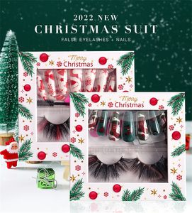 24Pcs Christmas Elk White Snowflake Makeup Sets Red Removable Wearable Artificial Fake Nails Press On Nail Art with Colorful Mink Lashes Christmas