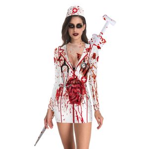 Tema kostüm bayanlar cadılar bayramı parti korku kostümleri kanlı hemşire zombi elbise cosplay seksi yuvarlak boyun uzun kollu paket kalça 221022