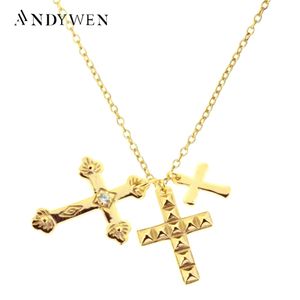 Strands Strings ANDYWEN Winter 925 Sterling Silver Gold Three Cross Pendant Charm Long Chain Necklace Fashion Fine Jewelry Gift 221024