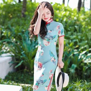 Etnik Giyim Fan Şemsiye Baskılı Çin tarzı dört yönlü streç satin Qipao Kısa Kollu El Yapımı Düğmesi Cheongsam Oryantal Elbise