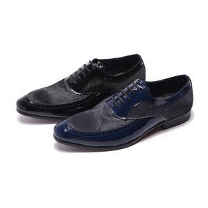 Мужские туфли обувь патентная кожа с лошадью черные голубые кружев