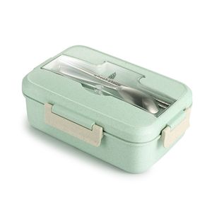 Recipiente de comida Bento Box seguro para micro-ondas Retângulo dividido Três grades Lancheira de palha de trigo com talheres de aço inoxidável ou PP