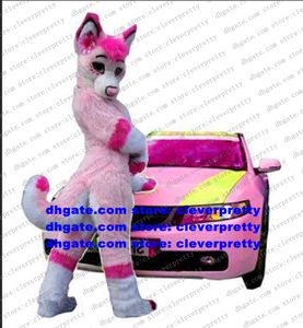 Traje de mascote peludo de pele longa rosa Sexy Wolf Fox Husky Dog Fursuit Adulto Personagem de desenho animado Terno High Street Mall Play Games zx672