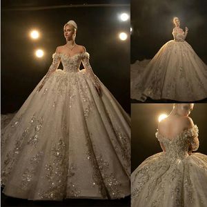 Luxury Princess Ball Gown Wedding Dress Off Shoulder Crystal Long Sleeve Saudi Arabic 3D Floral Appliques Bridal vestidos de rob