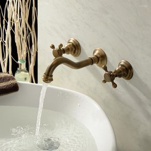 Banyo Lavabo Muslukları Havza Musluk Duvarı Montajlı Krom Çift sap 3 Delik Katı Pirinç Vanity