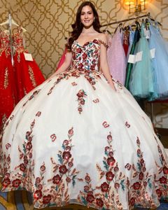 3D Floral Quinceanera Elbise 2024 Pırıltılı Glitter Sequins Ofalı Quince Balce Korsa Tatlı 16 Doğum Günü Partisi Prom Gala Vestidos de 15 Anos Charro Meksika