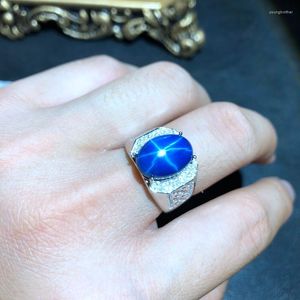 Küme halkaları serin erkekler yüzüğü parlak mavi yıldız safir mücevher 925 gümüş mücevher büyük boyutlu sertifikalı doğum günü hediyesi