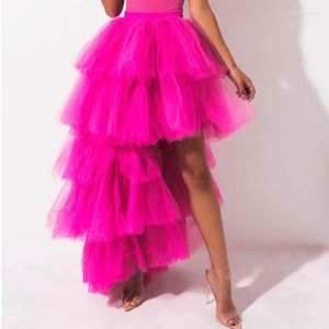 Saias 2022 Trendy Pink High Low Tulle Women Chic Long Triered Puffy Tutu Salia Bridal Bridesmaid Elastic