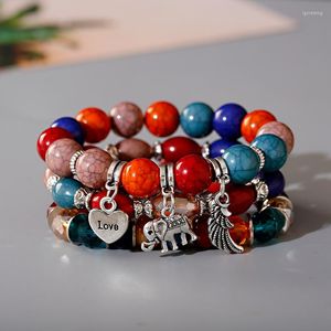 Strang 3 Teile/los Frauen Bohemain Multiful Stein Perlen Wrap Armbänder Ethnische Vintage Flügel Elefanten Herz Anhänger Boho Schmuck