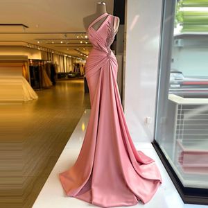 Pink Satin mermaid evening Dresses Lace Sleeveless One Shoulder V Neck Appliques Sequins pearls Shiny prom Dresses Sexy