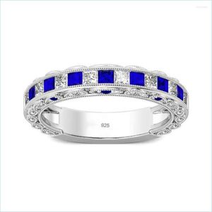 925 Sterling Silver Cluster Ring with Blue Sapphire & Cubic Zirconia for Women, Elegant Kpop-Inspired Fashion Jewelry