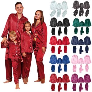 Aile Eşleşen Kıyafetler Saten Pijamalar PJ's 2pcs Katı Giyim Setleri Kış Uzun Kollu Places Pantolon Bebek Erkek Kızlar Kadın Adam Navidad 221028