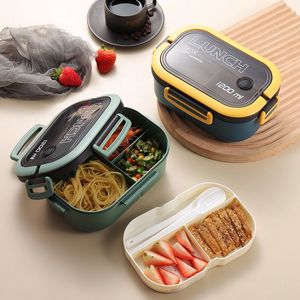 Portable Dinnerware Hermetic Lunch Box 2 Layer Grid Children Student Bento Box with Fork Spoon Leakproof Microwavable Prevent RRC248