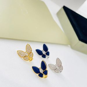 Серьги винтажного очарования Van Cleef Brand Designer Blue Glaze Stone 18k золотой хрусталл два разных бабочек для женщин с коробкой с коробкой