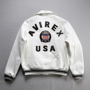 Jaquetas bomber masculinas 1975 EUA branco AVIREX lapela couro de carneiro casual traje de voo atlético