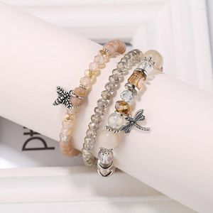 Strand Natural Stones Dragonfly и Bee Charm Bracelets Bangles for Women Femme Летние украшения