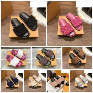 Comfort Embossed Mules Designer Chinelos Sandálias Masculinas Sapatos Femininos Chinelos de Praia Luxo Travesseiro Piscina Cobre Bege Azul Profundo Triplo Preto Marinho Rosa Rosa Branco Estampado