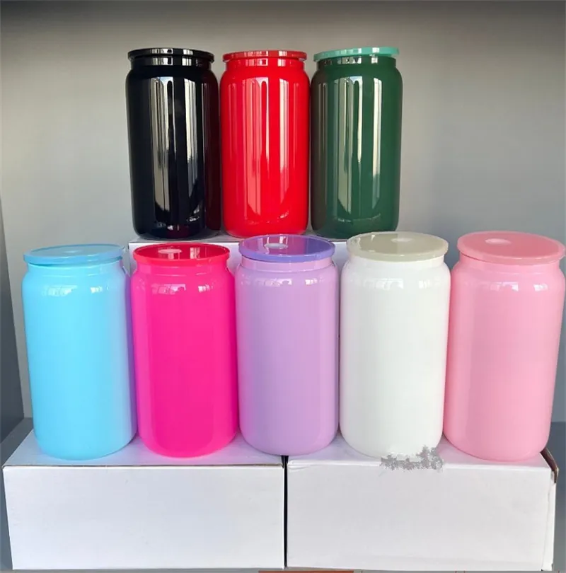 16oz sublimation glass tumbler clear frosted with colorful lids bamboo lids maosn jar glasses reusable straw beer Can Soda Can Cup drinking cups
