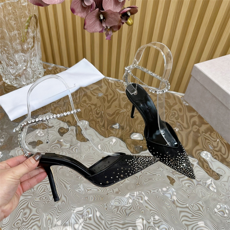 Novas sandálias designer de salto alto sapatos de casamento água diamante decoração mulheres moda de volta oco dedo apontado 8cm vestido sapatos de metal fivela quadrada sexy stiletto 35-40