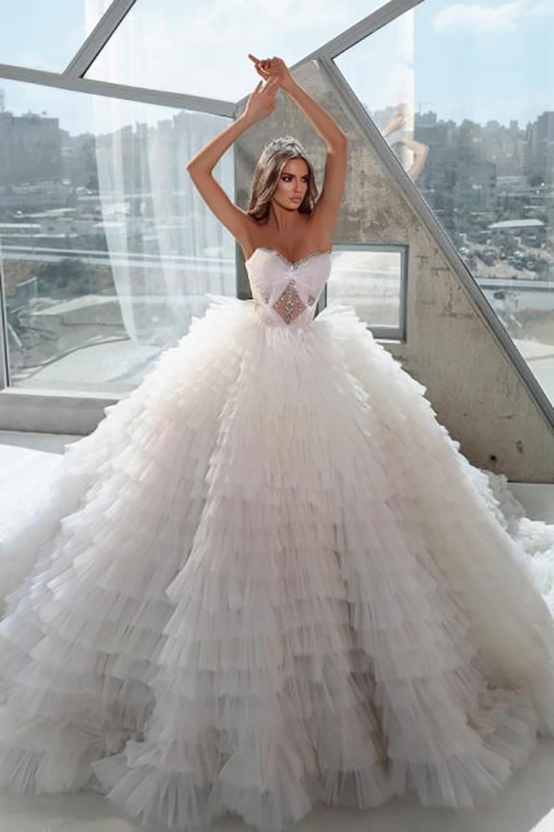 Custom Size Fashion Ball Gown Wedding Dresses Tiered Skirts Beading Sweetheart Bridal Gowns Sweep Train Robe Vestido De Noiva