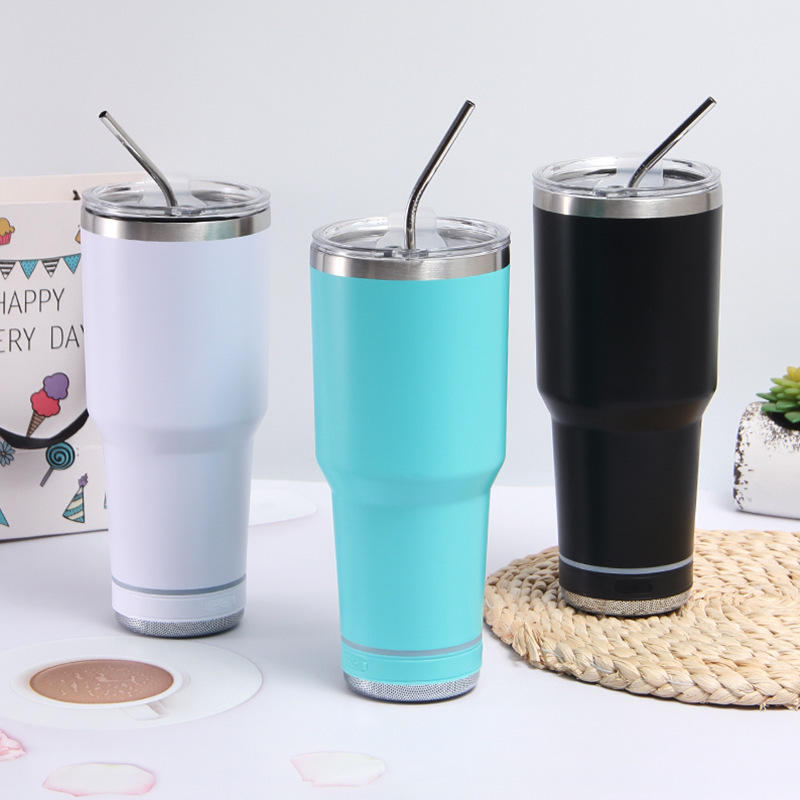30oz Bluetooth Speaker Tumblers stainless steel vacuum insulated music cup Coffee water drinking bottle with wireless Speaker metal straw