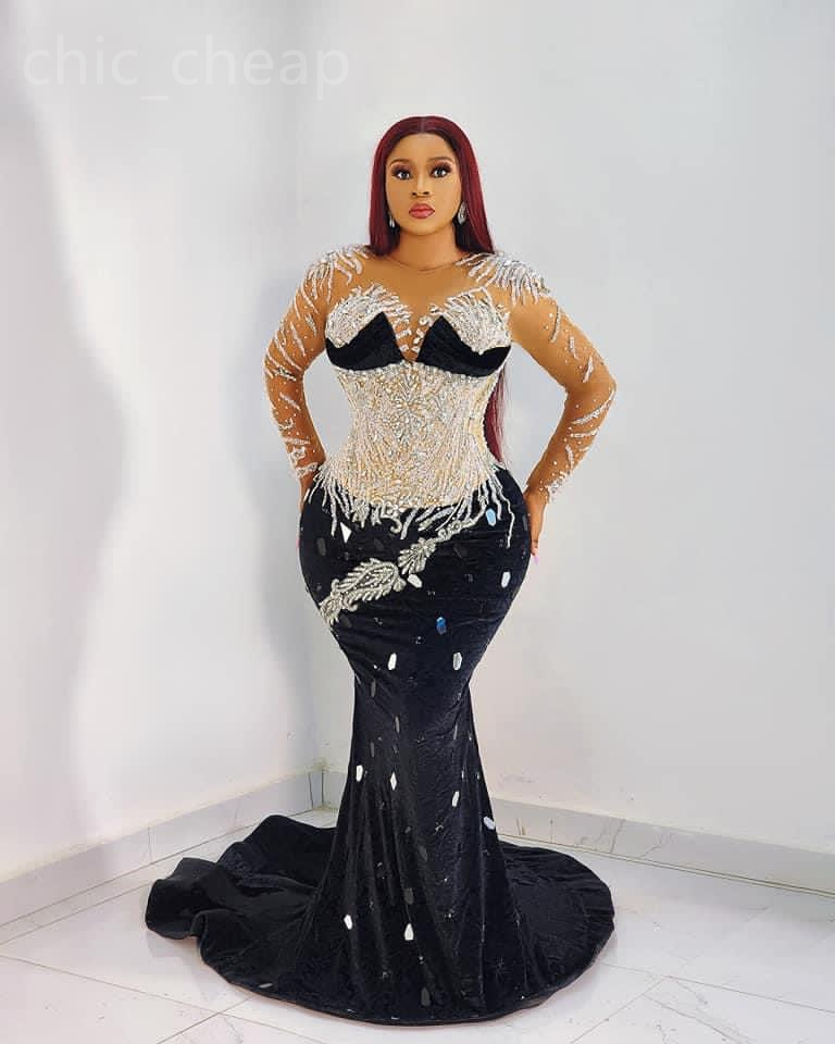 2024 Aso Ebi Mermaid Black Prom Dress Beaded Crystals Velvet Sexy Evening Formal Party Second Reception Birthday Engagement Gowns Dresses Robe De Soiree ZJ99