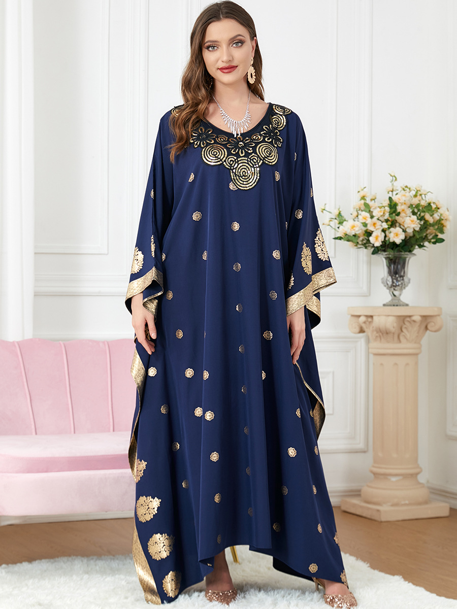 Middle Eastern Muslim Clothing Women Blue Bronzing Printed Bat Sleeve Loose Casual Dress Robe Party Abaya Vestidos Musulmanes moroccan kaftan dress