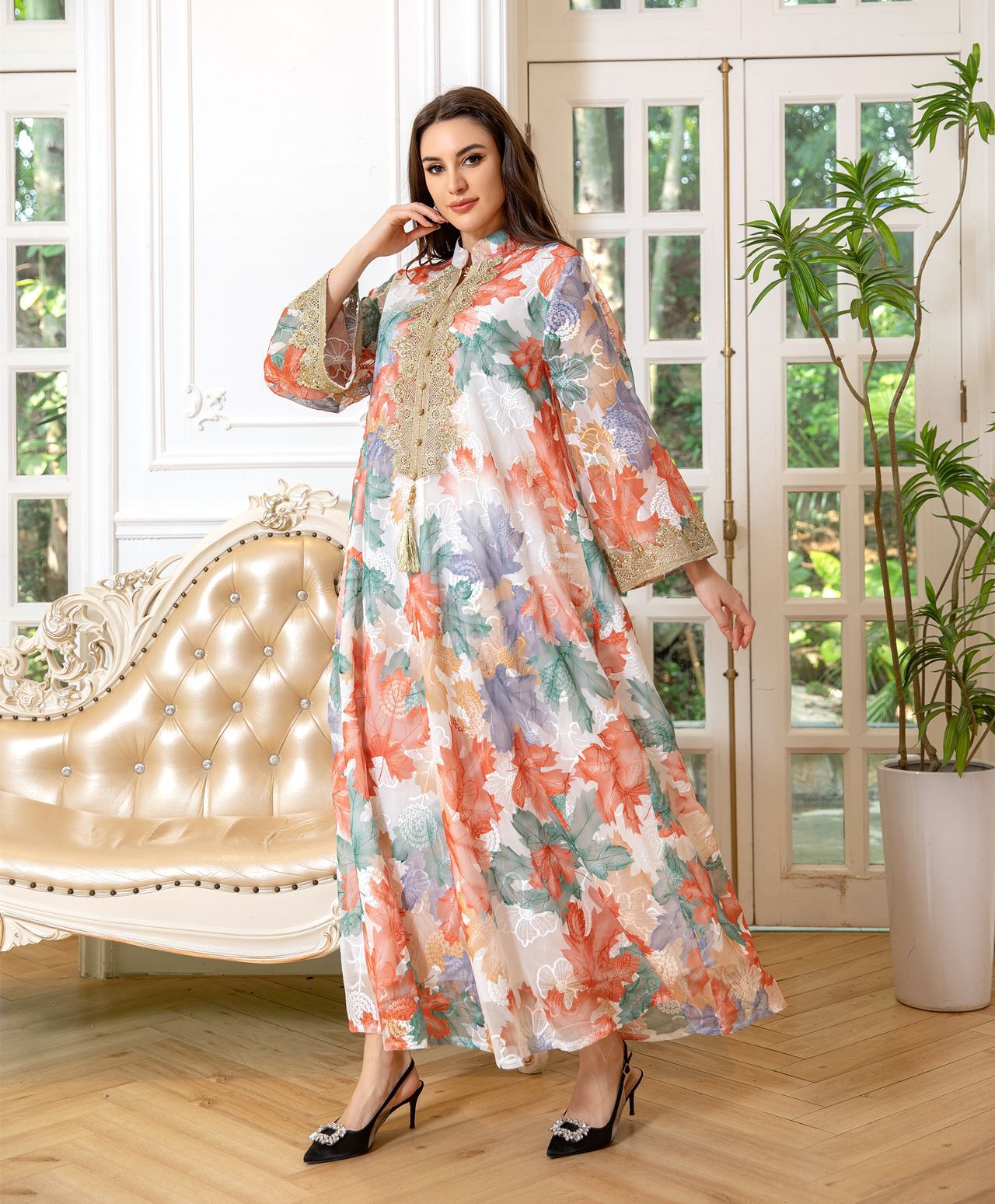 2024 Spring Modest Floral Printed Arabian Dubai Dresses Middle Eastern Women Muslim Robe Long Sleeve Lace Applique Modest Evening Dress arabic gown for women