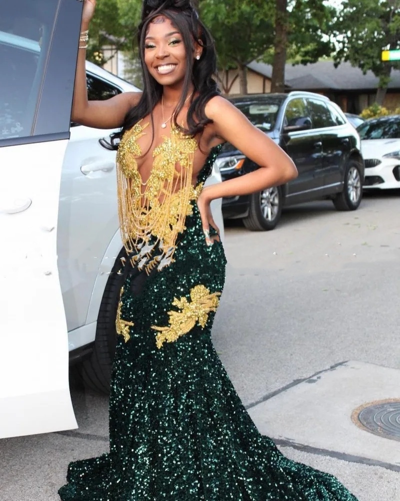 Dark Green Prom Dresses For Black Girls 2024 Rhinestone Tassel Mermaid Party Gowns See Through Evening Occasion Gowns