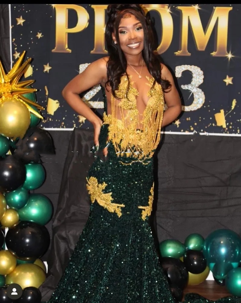 Dark Green Prom Dresses For Black Girls 2024 Rhinestone Tassel Mermaid Party Gowns See Through Evening Occasion Gowns