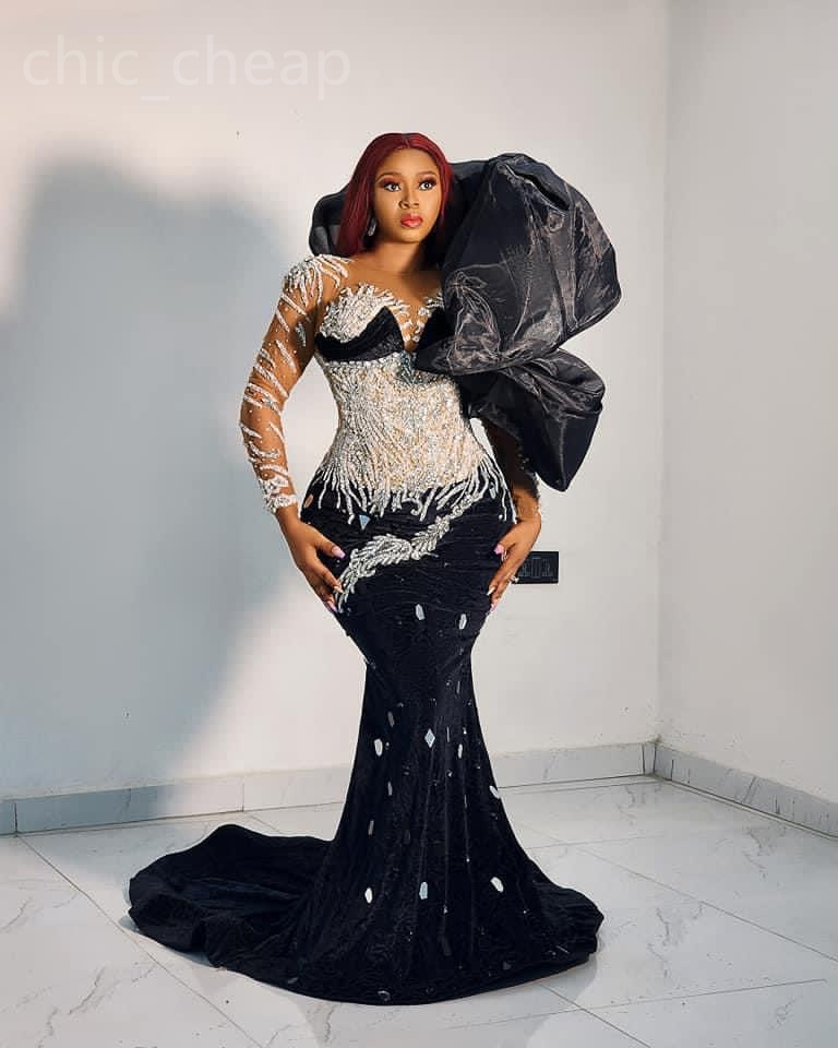 2024 Aso Ebi Mermaid Black Prom Dress Beaded Crystals Velvet Sexy Evening Formal Party Second Reception Birthday Engagement Gowns Dresses Robe De Soiree ZJ99