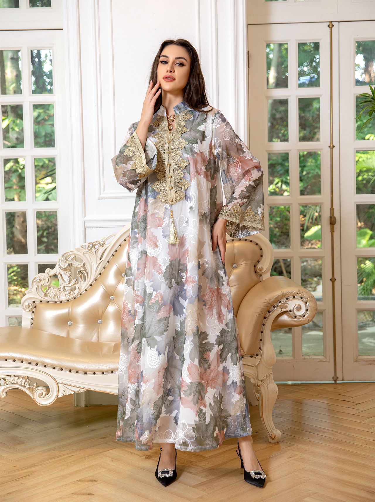 2024 Spring Modest Floral Printed Arabian Dubai Dresses Middle Eastern Women Muslim Robe Long Sleeve Lace Applique Modest Evening Dress arabic gown for women