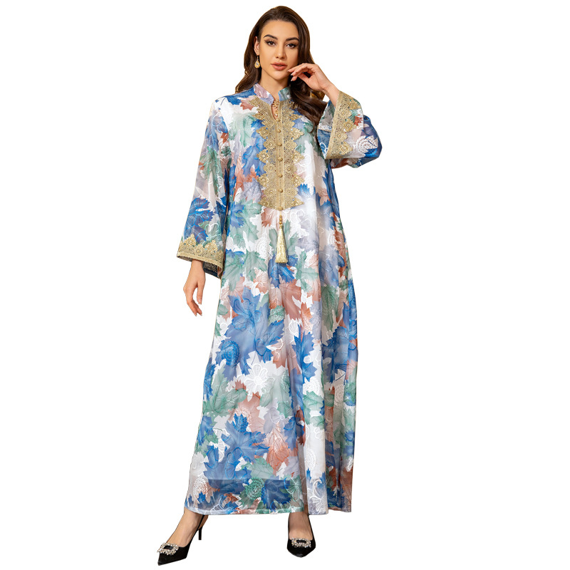 2024 Spring Modest Floral Printed Arabian Dubai Dresses Middle Eastern Women Muslim Robe Long Sleeve Lace Applique Modest Evening Dress arabic gown for women