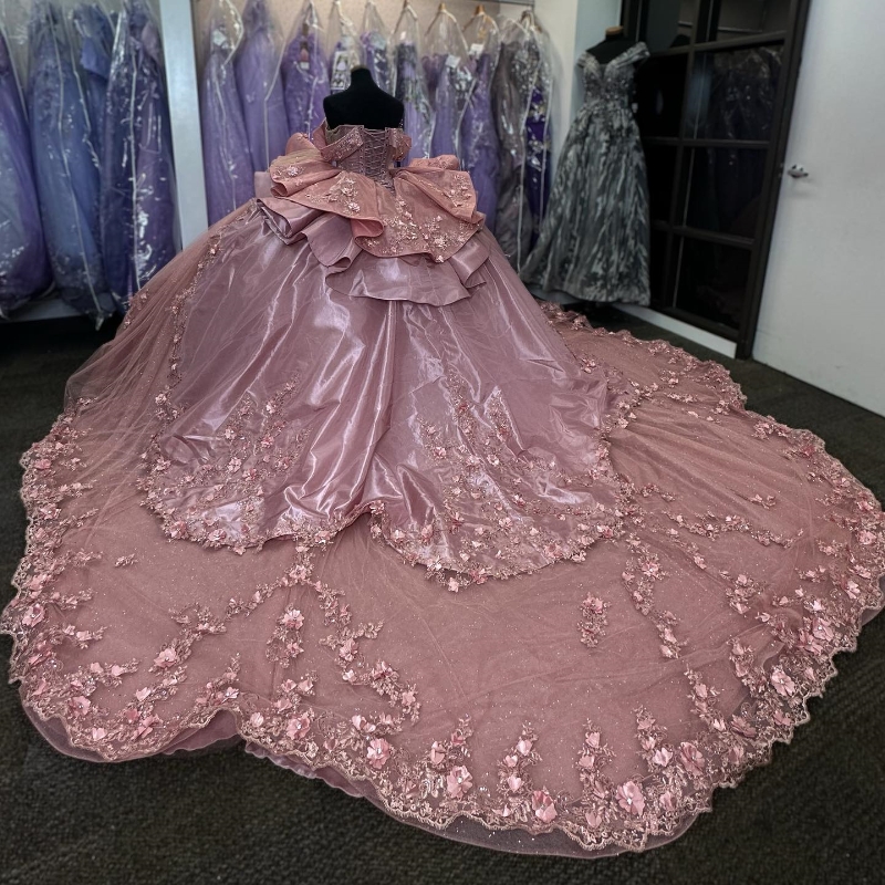 2024 Quinceanera Dresses Dusty Pink Lace Appliques Crystal Beads Off Shoulder Long Sleeves Ruffles Hand Made Flowers Plus Size Formal Party Prom Evening Gowns