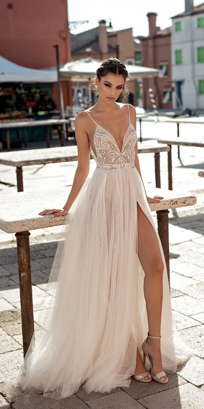Elegant A-Line Wedding Dresses Side Split Spaghetti Sexy Illusion Boho Beach Vestidos De Novia Pearls Backless Bohemian Bridal Gowns