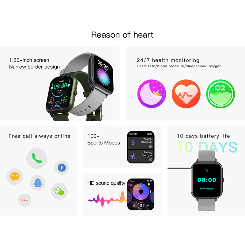 Multifunction Smart Watch For Men Women Kids Message Remind Music Control Sport Step Calories 1.83-Inch Smartwatch Alarm Clock
