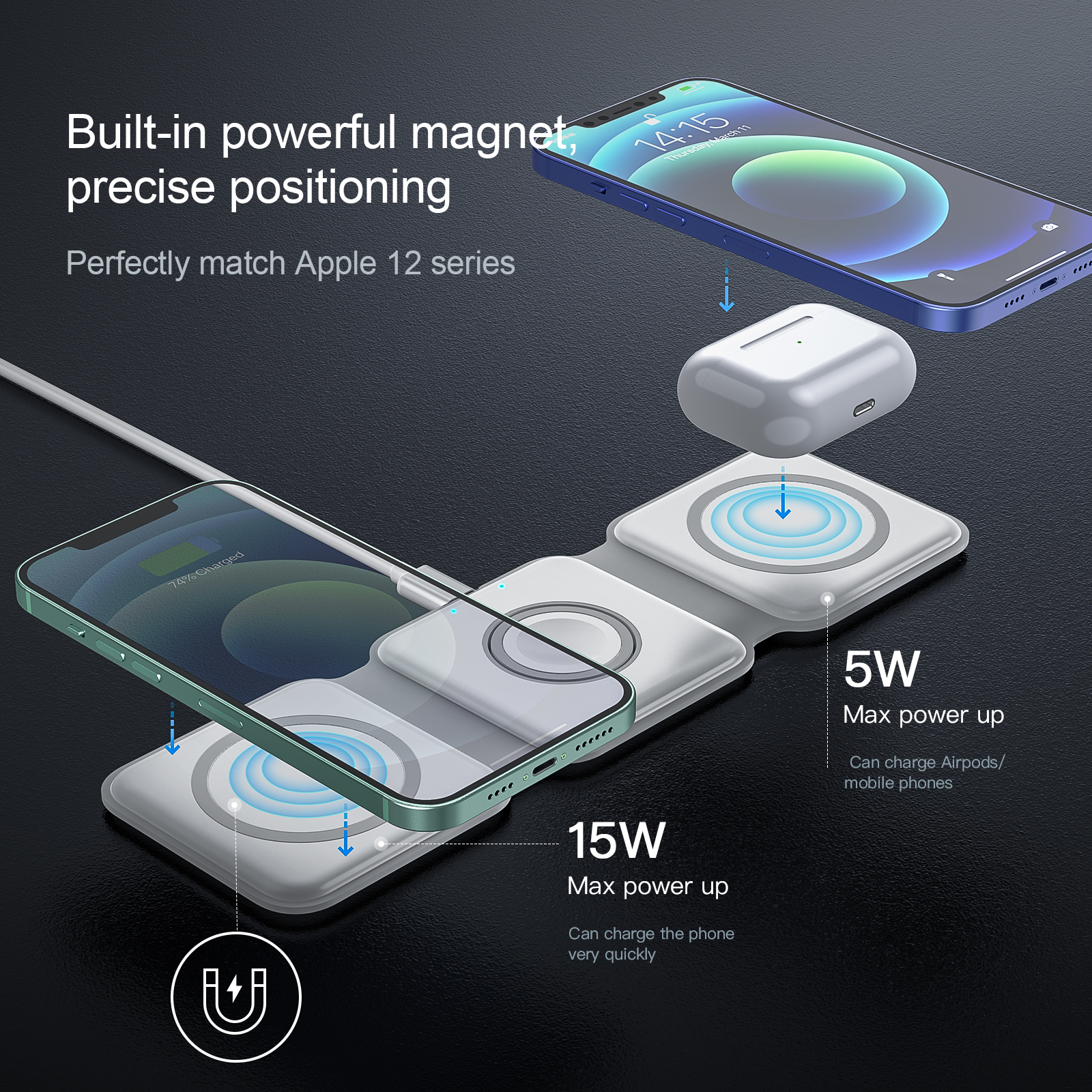 CASEiST Support de chargeur sans fil pliable 3 en 1 magnétique 15 W Station de charge rapide Qi Mobile Support universel léger Support de voyage pour iPhone AirPods iWatch Android
