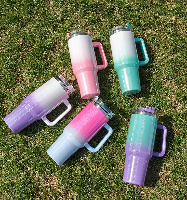 40oz Glitter Sublimation Tumblers Cups with Logo Handle and Straws Gradient Color Insulated Car Travel Mugs Stainless Steel big capacity Water Bottles GG1110