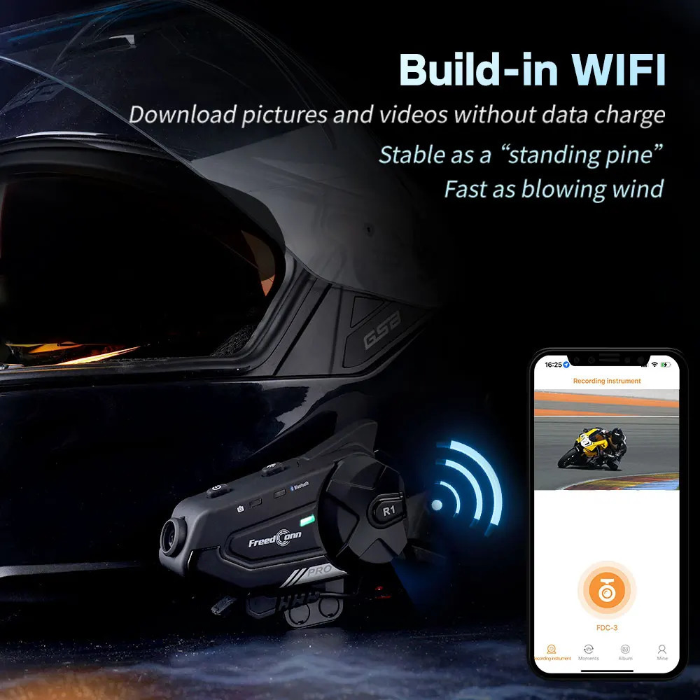 Tragbare S ers Freedconn R1 Pro Bluetooth Motorrad Intercom Helm Headset Gruppe S er Kopfhörer WiFi App Motorrad Dash Cam Moto Auto Dvr 231216