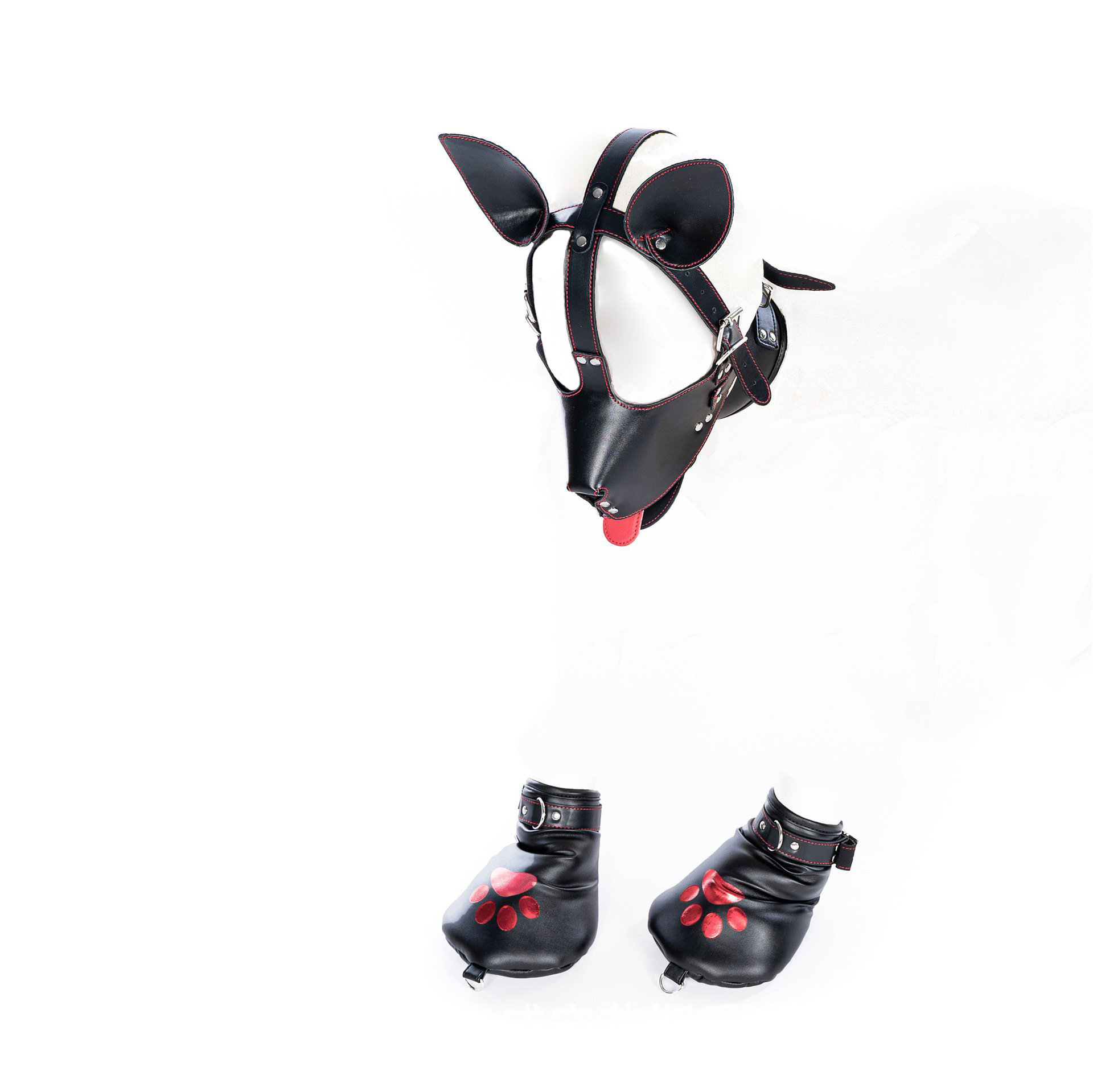 Bondage Mask Set: Faux Leather Pup Play Masks, Sex Roleplay Costumes with Paw Gloves and Harness for Adult Games