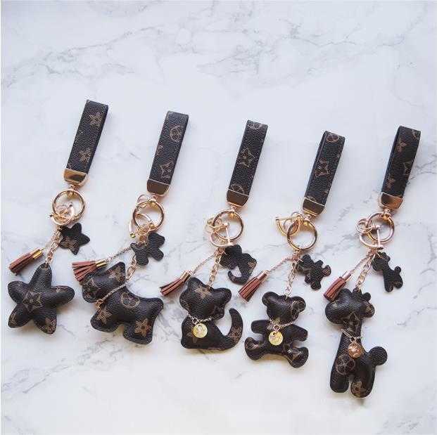 Old Flower Car Key Pendant Collection Brown PU Animal Shape Star Keychain Bag Pendant