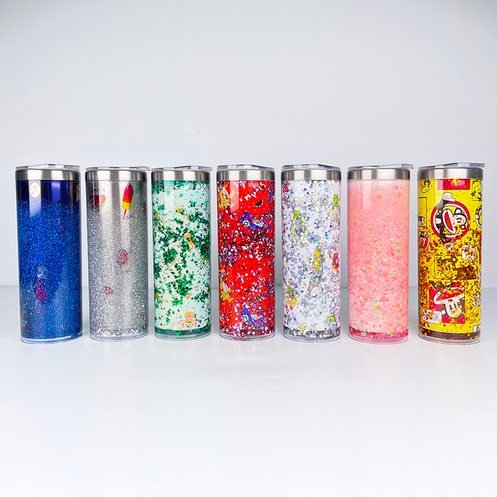 20oz pre-drilled glitter snowglobe sublimation tumblers stainless steel inner acrylic outter skinny cup with lid straw straight storyboard cups blanks DIY tumbler