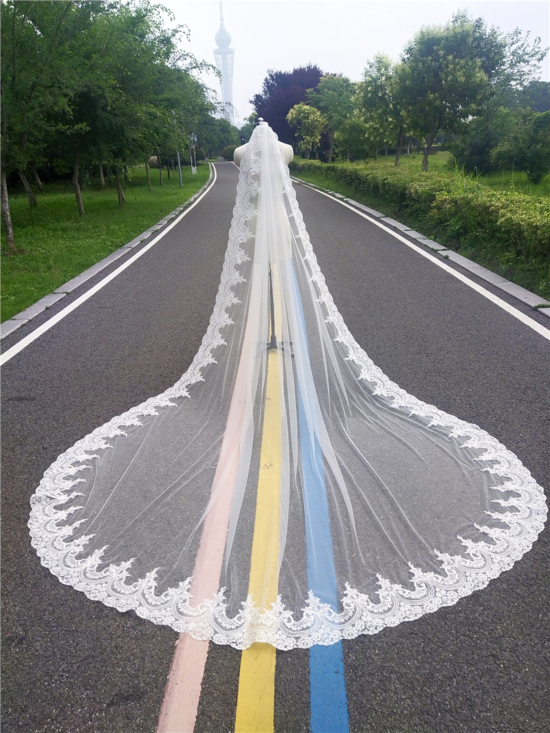 Real Photos Bridal Veils Cathedral Long Lace Wedding Veil With Comb One Layer High Quality 3 Meters White Ivory Voile Mariage