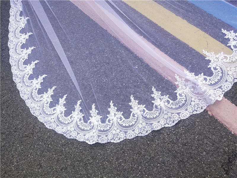 Real Photos Bridal Veils Cathedral Long Lace Wedding Veil With Comb One Layer High Quality 3 Meters White Ivory Voile Mariage