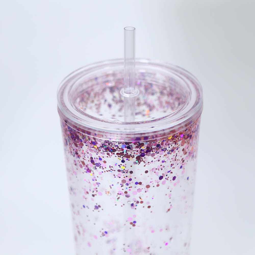 24oz double walled snow globe acrylic tumblers with flat lid straw clear plastic drinking beverage cup with hole to fill glitter