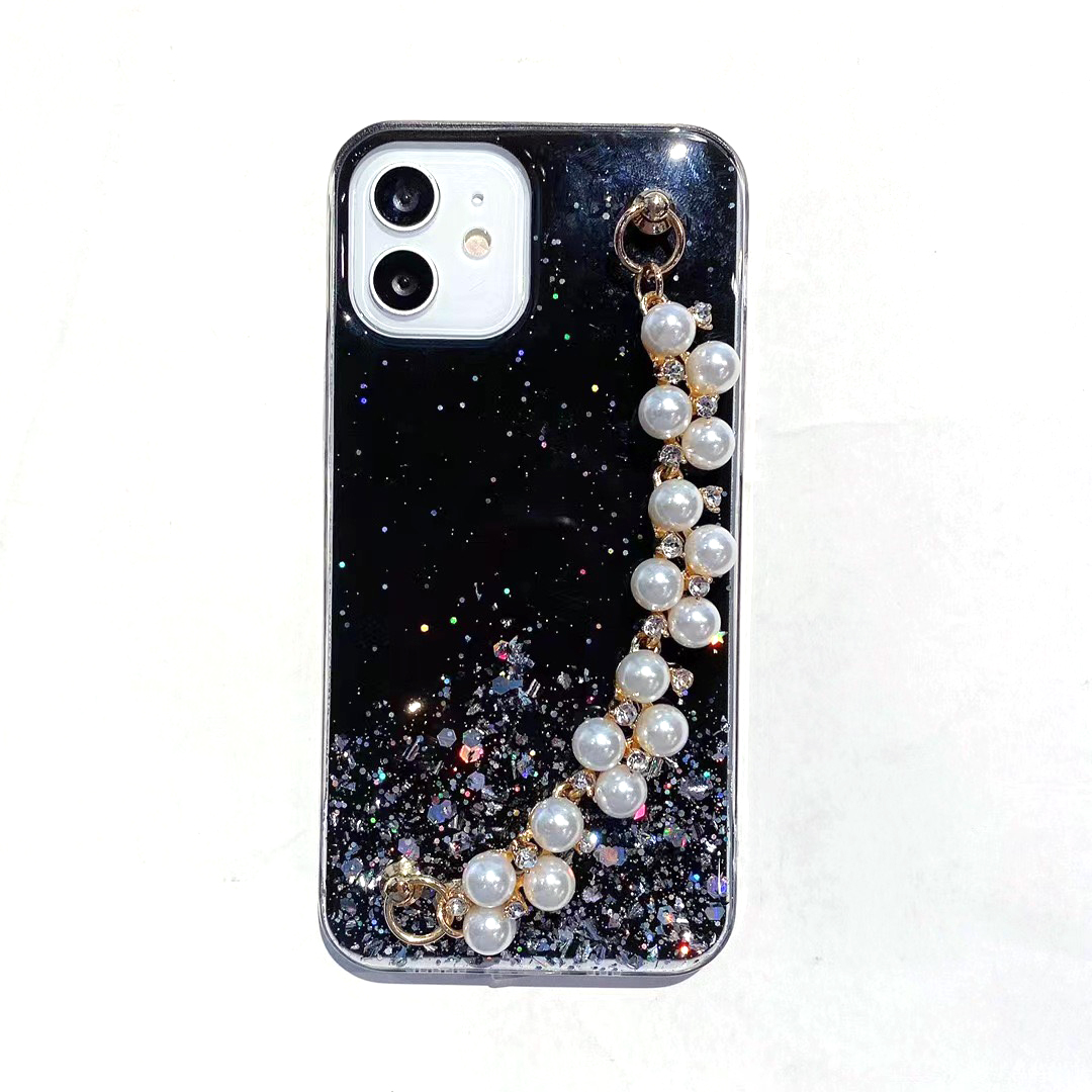 Bilekle Chian Strap Pearl Bileklik İPhone 15 14 için telefon Kılıfları 13 Plus 13 Pro Max 12 11 X XR 8 7 6 Yumuşak TPU Bling Glitter Pırlanta Seats Folyo Temiz ışıltı Parlak Parlak Arka Kapak