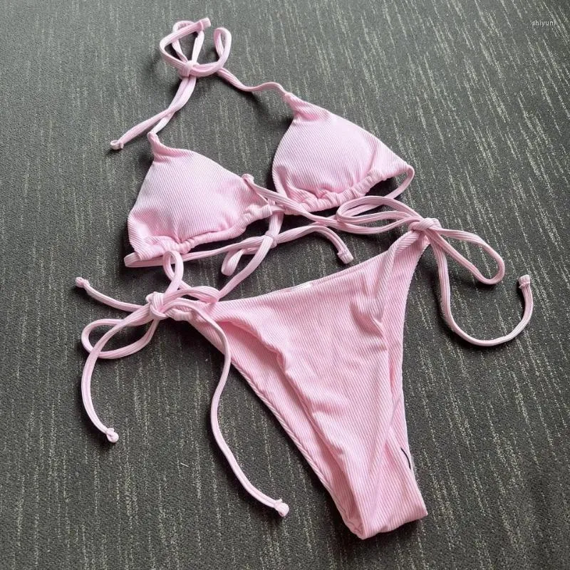 Halter Tie Bikini Set For Women High Cut Pink Swimsuits With Side