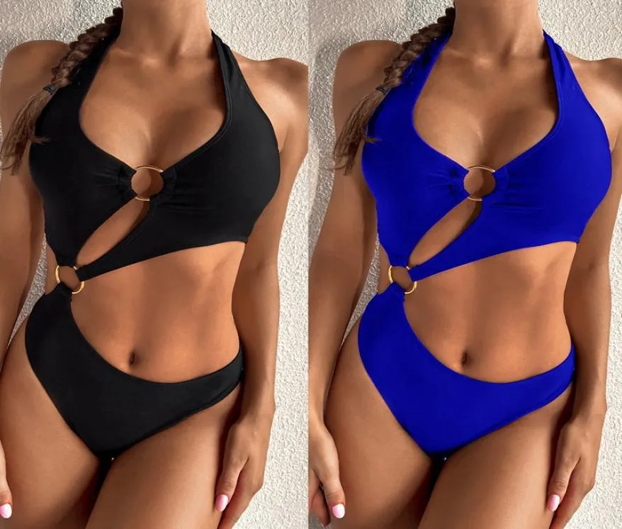 New Solid Halter Bandage Ring Cut Out Chain Detail Bikini Brazilian Monokini Bathing Suit