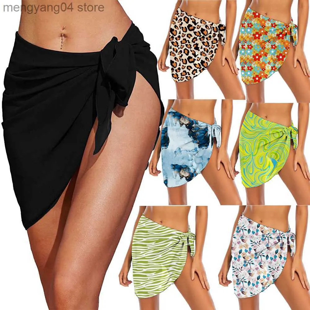 Faldas Summer Beach Falda Corta Bikini Wrap Sheer Coverups Set Mujeres Imprimir Pareos Cortos